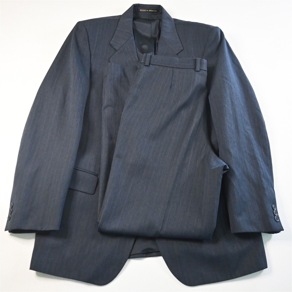 Vtg St Michael 40L 34x32 Blue Herringbone Stripe Wool UK‎ Made Jacket Pants Suit